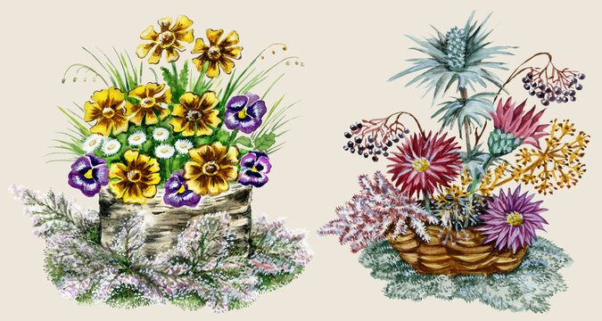 Posies of wild and cultivated flowers.