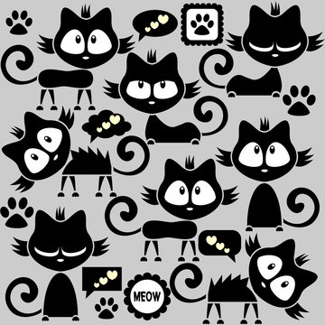 Black funny kitty stickers collection