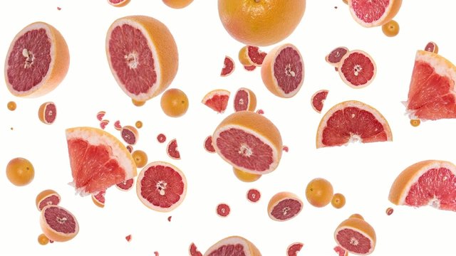 Grapefruits falling down (ends on blue screen)