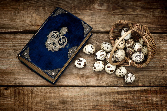 Decoration With Eggs And Antique Bible Book