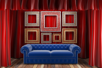 red fabric curtain with frames and sofa