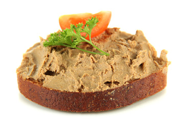 Fresh pate on bread, isolated on white