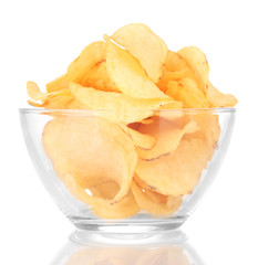 Potato chips in glass bowl, isolated on white