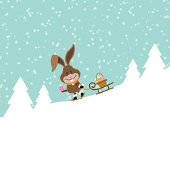 Bunny Skiing Sleigh Easter Basket Winter Forest Snow