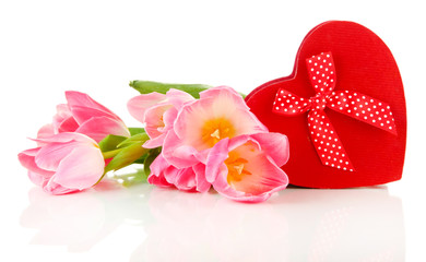 Fototapeta na wymiar Pink tulips and gift box, isolated on white