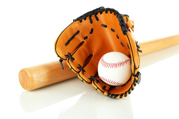 Baseball glove, bat and ball isolated on white