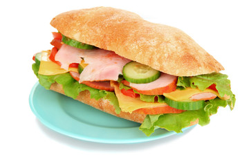 Fresh and tasty sandwich with ham and vegetables isolated