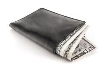 US dollars in a black wallet isolated on white