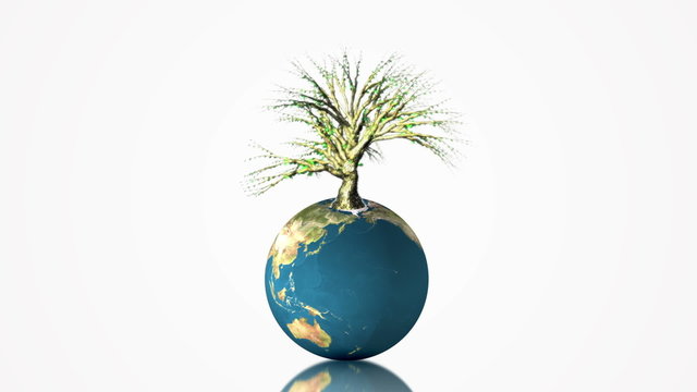 Earth globe spinning with growing tree