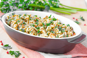 Pasta with ragu of meat and vegetables