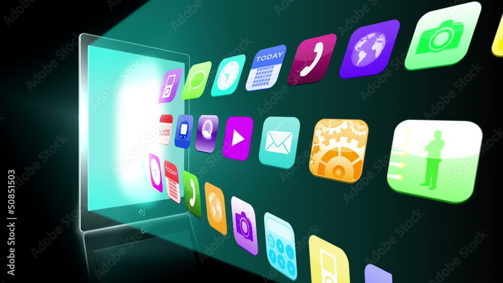 Poster application icons beaming from tablet pc