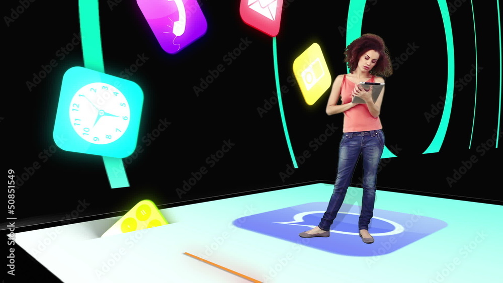 Poster girl using tablet pc with holographic application icons