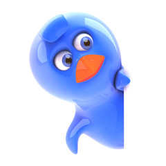 Blue bird hides behind blank sign