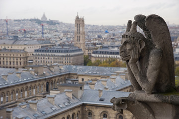 Stone gargoyle overlooking Paris from the Notre Dame