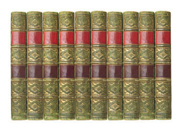 vintage books ia row, isolated on white background