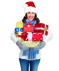 Santa helper Christmas girl with a presents.