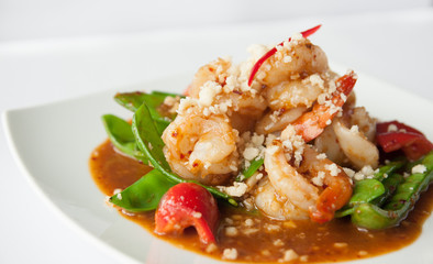 Thai food stir fried prawn with garlic.