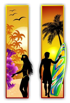 Surfer and Girl on Tropical Beach-Ragazza e Surfer al Mare
