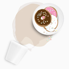 Fresh donuts with spilled tea or coffee