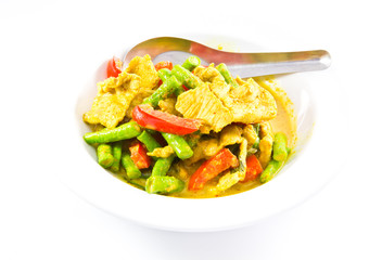 Stired slice pork in spicy curry with beans