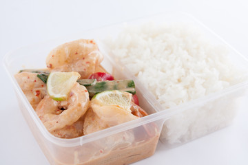 Thai take away food, prawn lemon sauce with rice