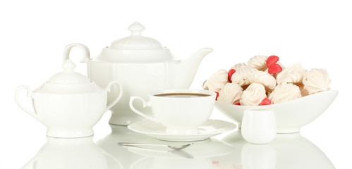 Beautiful white dinner service with an air meringues isolated