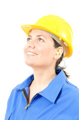 Woman with protective equipment and ear plugs
