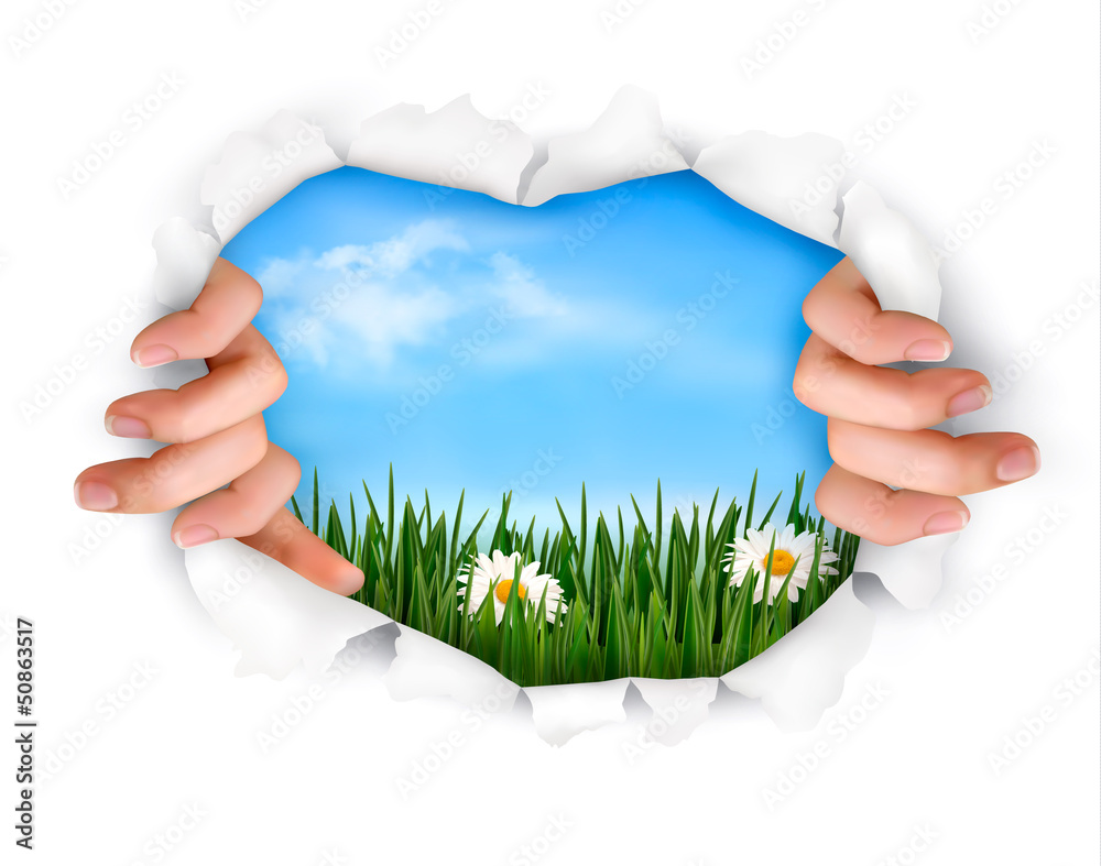 Poster nature background with hands ripping a paper. vector