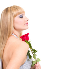 caucasian woman with red rose