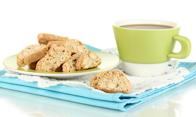 Aromatic cookies cantuccini and cup of coffee isolated on white