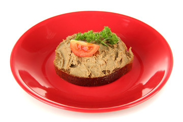 Toasted bread with pate on color plate, isolated on white