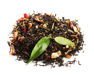 Dry black tea with green leaves, isolated on white