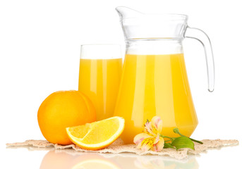 Full glass and jug of orange juice and oranges isolated on