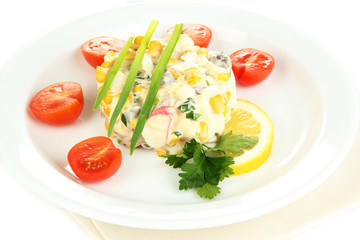 Small portion of food on big plate close up
