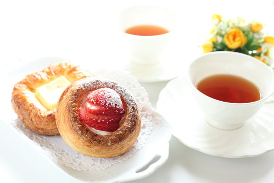strawberry pastry and english tea for gourmet breakfast image