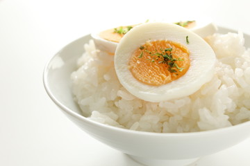 boiled egg on steamed rice with copy space