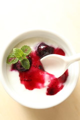 yogurt and blueberry sauce with mint on top