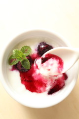 yogurt and blueberry sauce with mint on top