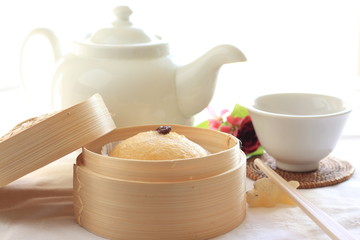 chinese cuisine, steamed cake and tea for yum cha image
