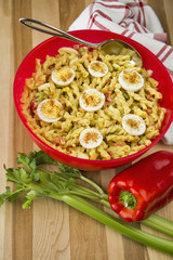 Amish macaroni Salad made with Gemelli pasta