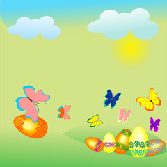 illustrations Easter eggs on the grass with butterflies