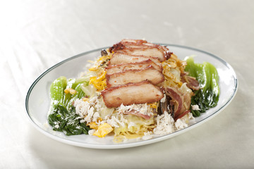 pork noodle, red roasted pork with crab noodle with vegetable