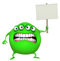 3d cartoon green monster holding placard