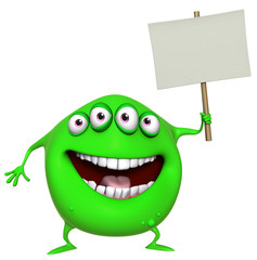 3d cartoon green monster holding placard