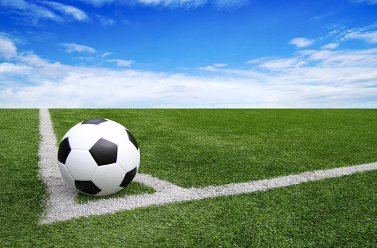Soccer football field stadium grass line blue sky Background