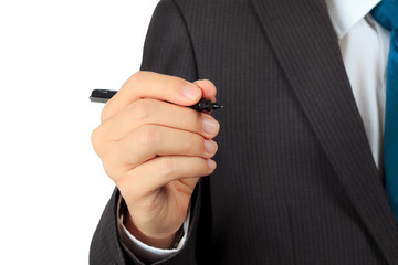 Closeup on a hand of business man holds a pen