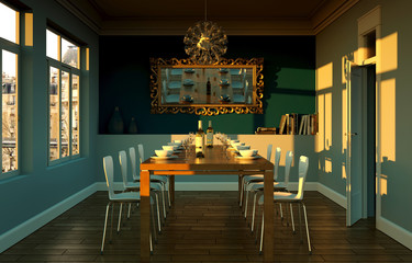 Esszimmer in Stadtwohnung abends