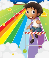 Verduisterende rolgordijnen zonder boren Regenboog Een kleine jongen bij de streephindernis