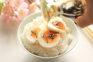 boiled egg sliced on rice for asian cuisine