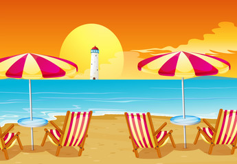 Fototapeta na wymiar Dwa parasole i cztery krzesła na plaży
